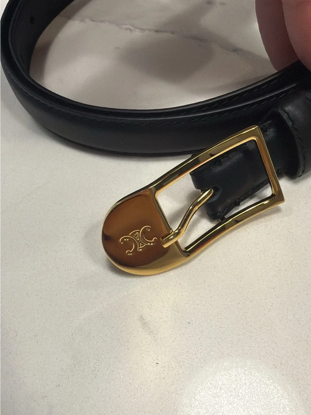 Celine Black Leather Belt with Gold Buckle and Logo